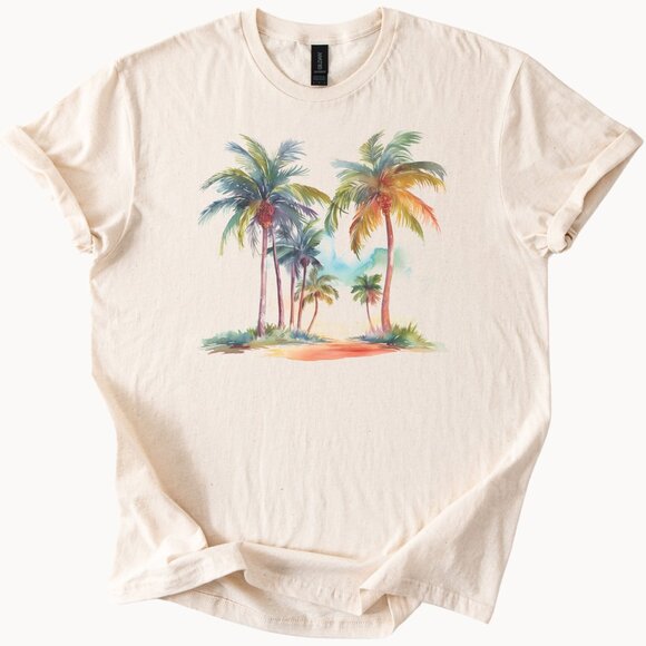 Palm Tree Watercolor T Shirt Beach Island Graphic Summer Shirt Palm Tee - Picture 1 of 6